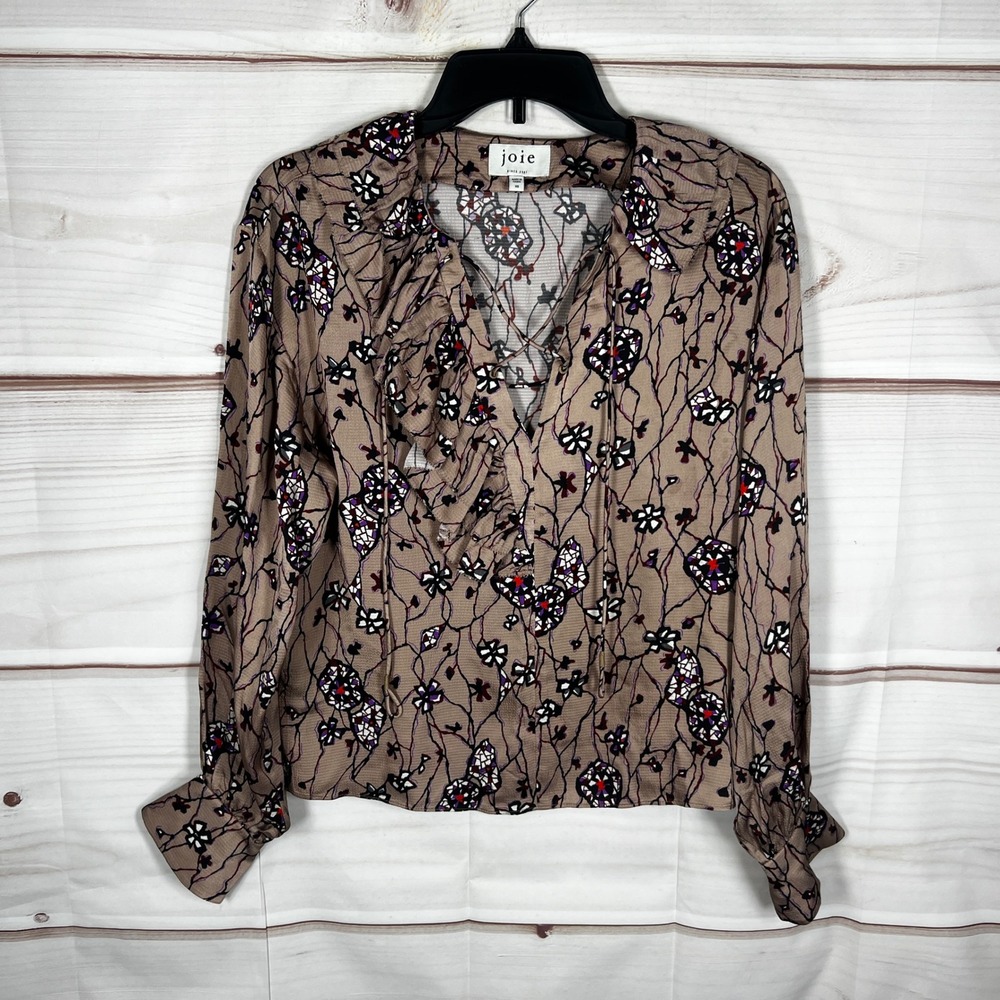 Joie‎ Floral Satin Blouse Womens XS Brown Ruffle Lace Up V-Neck Top Long Sleeve